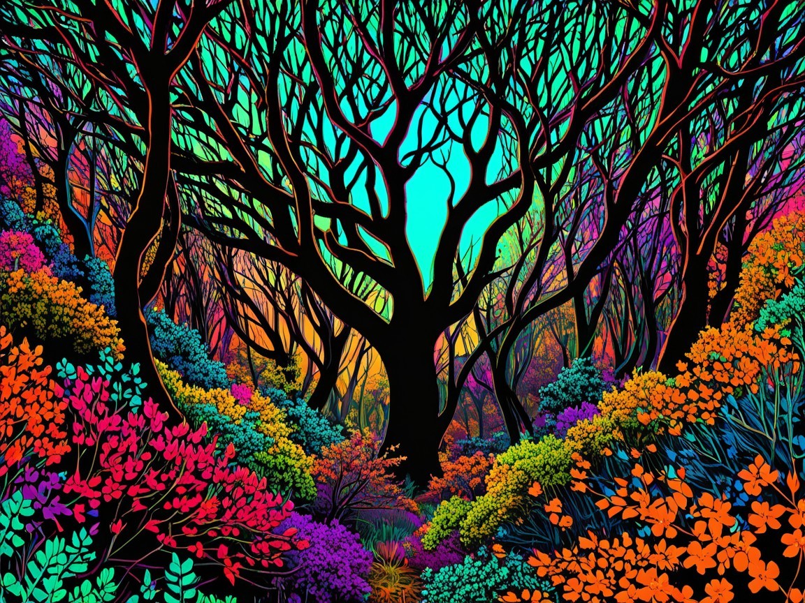 Vibrant Forest Scene with Colorful Flora and Sky