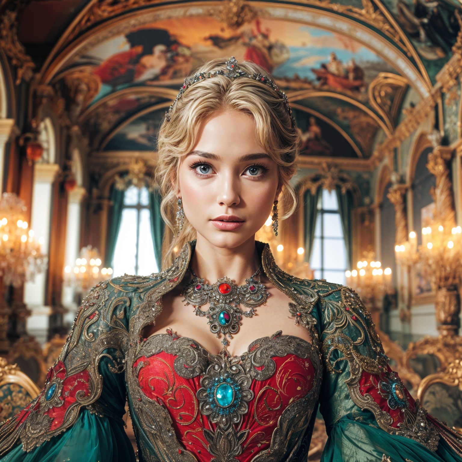 Young Woman in Opulent Gown in Grand Hall Setting