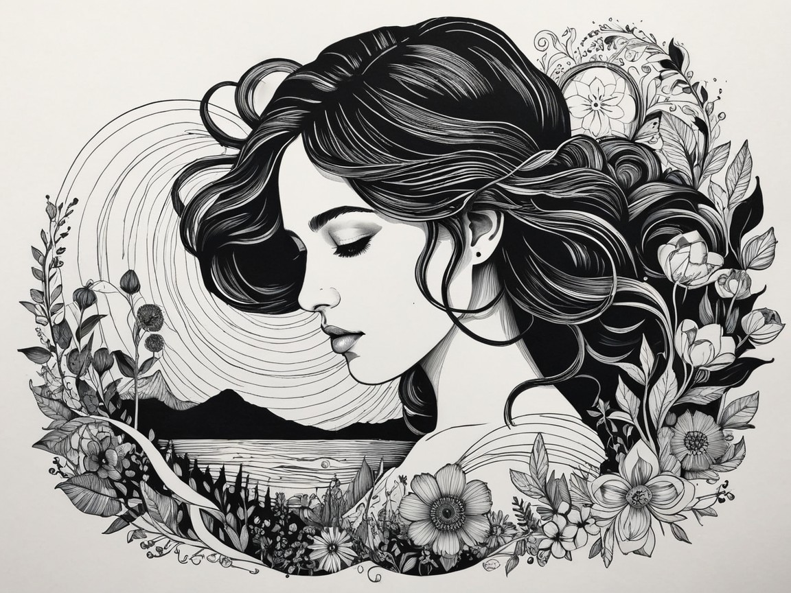 Black and white illustration of a serene young woman