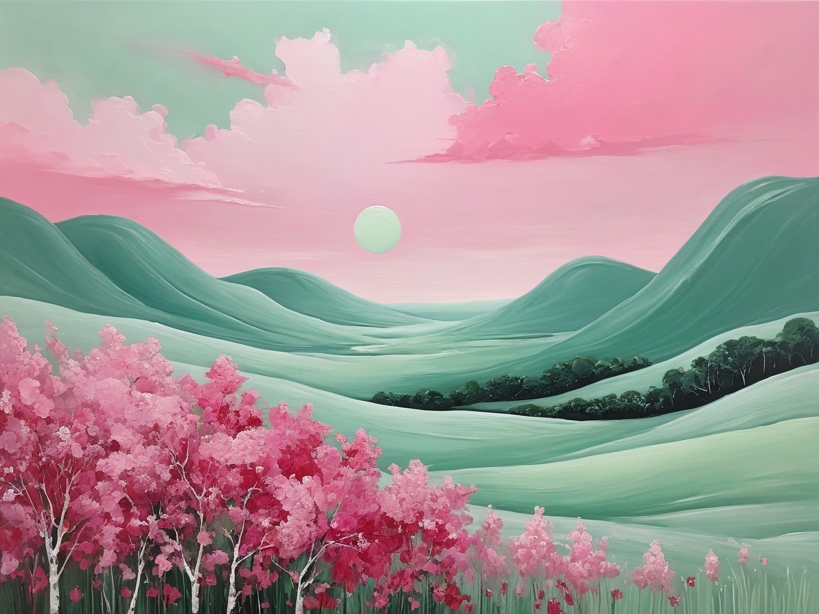 Tranquil Landscape with Green Hills and Pink Sky