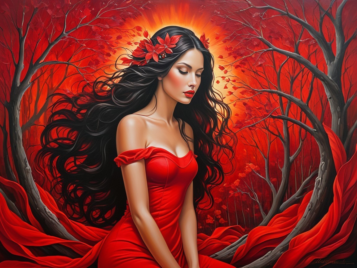 Woman in Red Dress Surrounded by Autumn Landscape