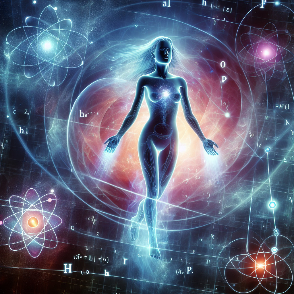 Ethereal Figure in Cosmic Setting with Symbols of Science