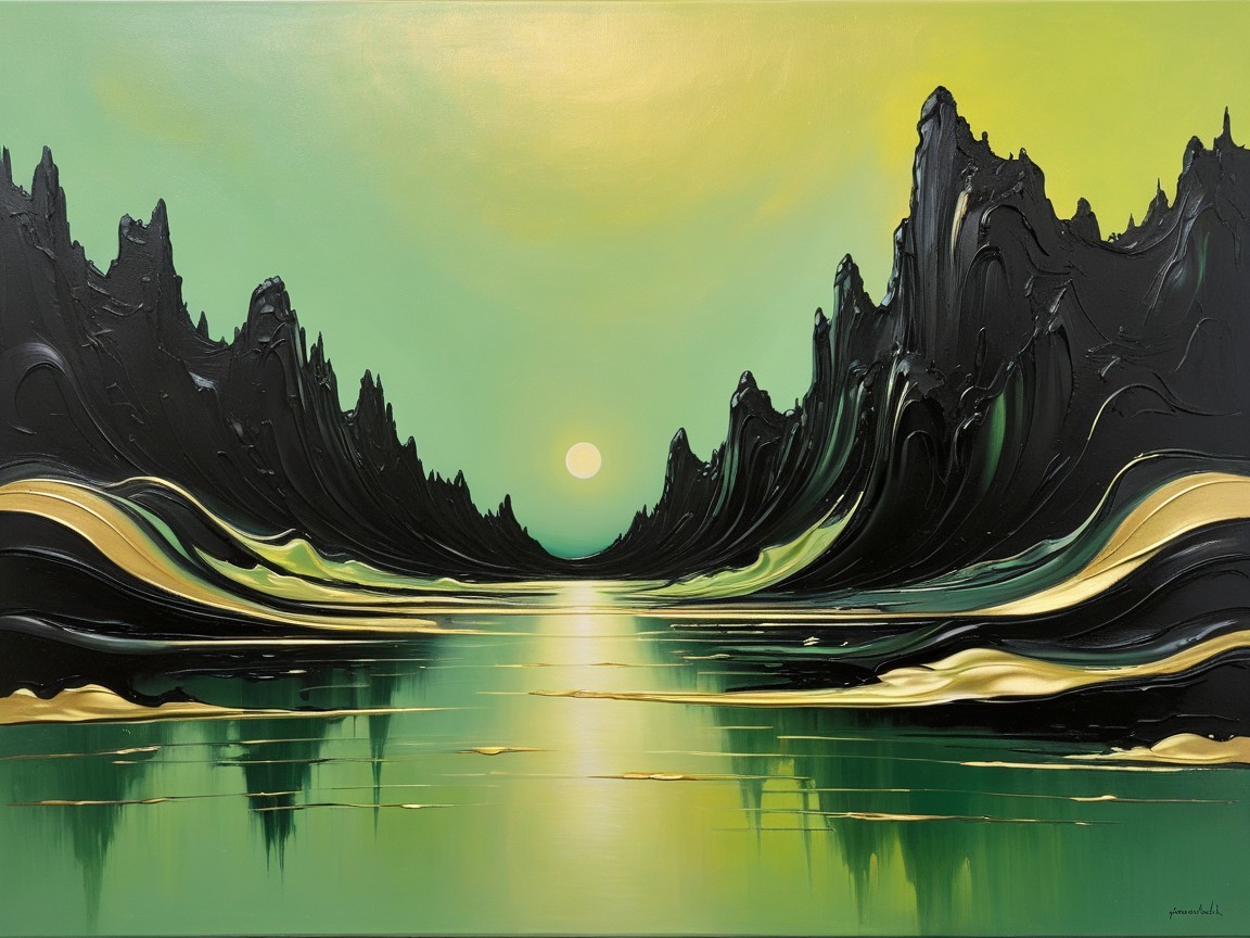 Surreal Landscape with Jagged Mountains and Calm Water