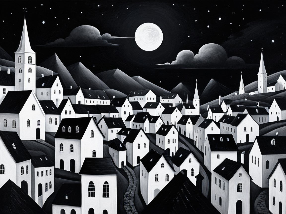 Monochromatic Village Scene Under Starry Night Sky