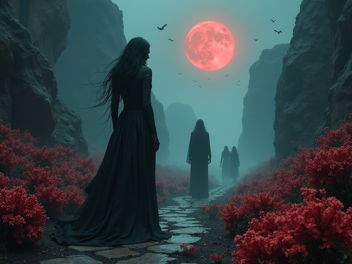 Surreal Scene with Cloaked Figures and Full Moon