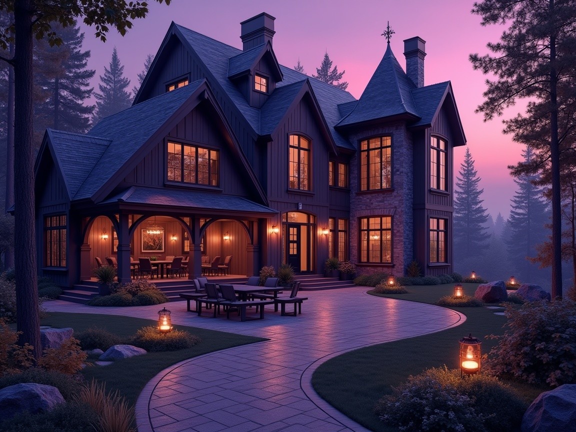 Elegant dark-hued house surrounded by tall trees