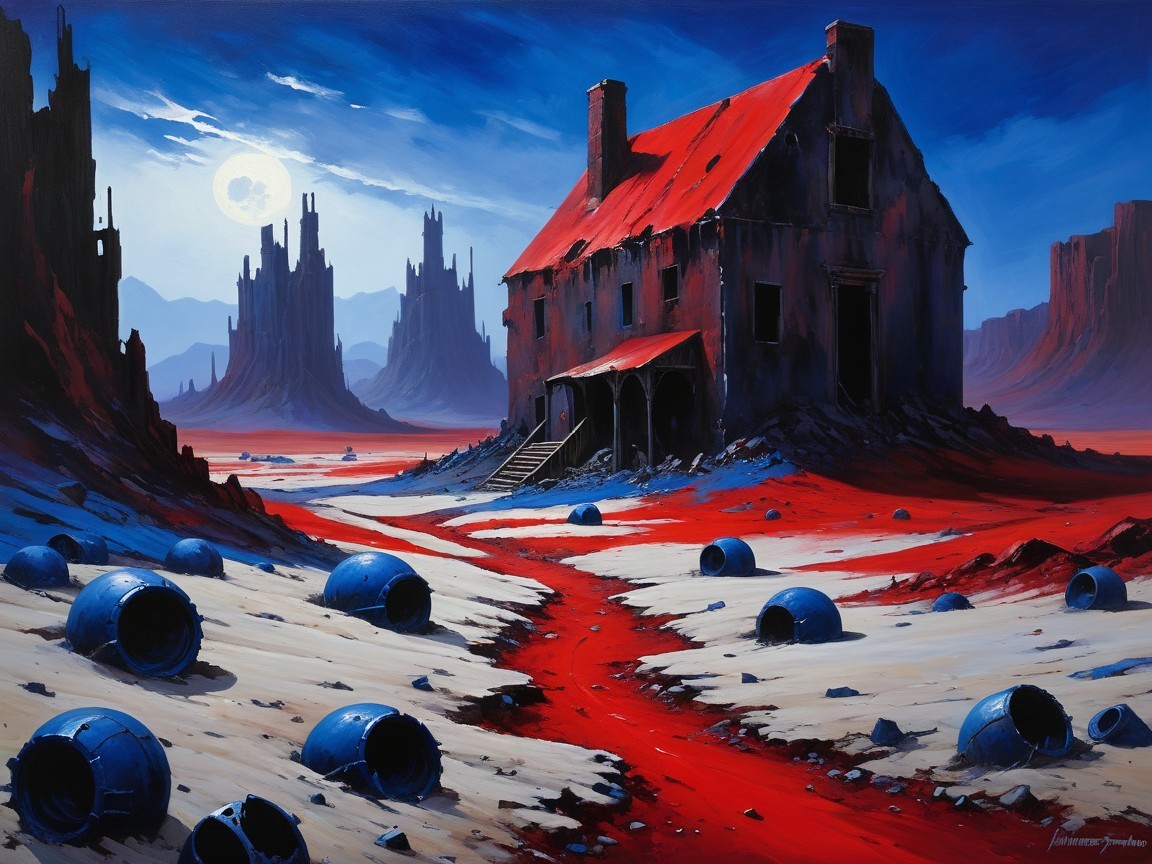 Desolate landscape with a dilapidated house and mountains