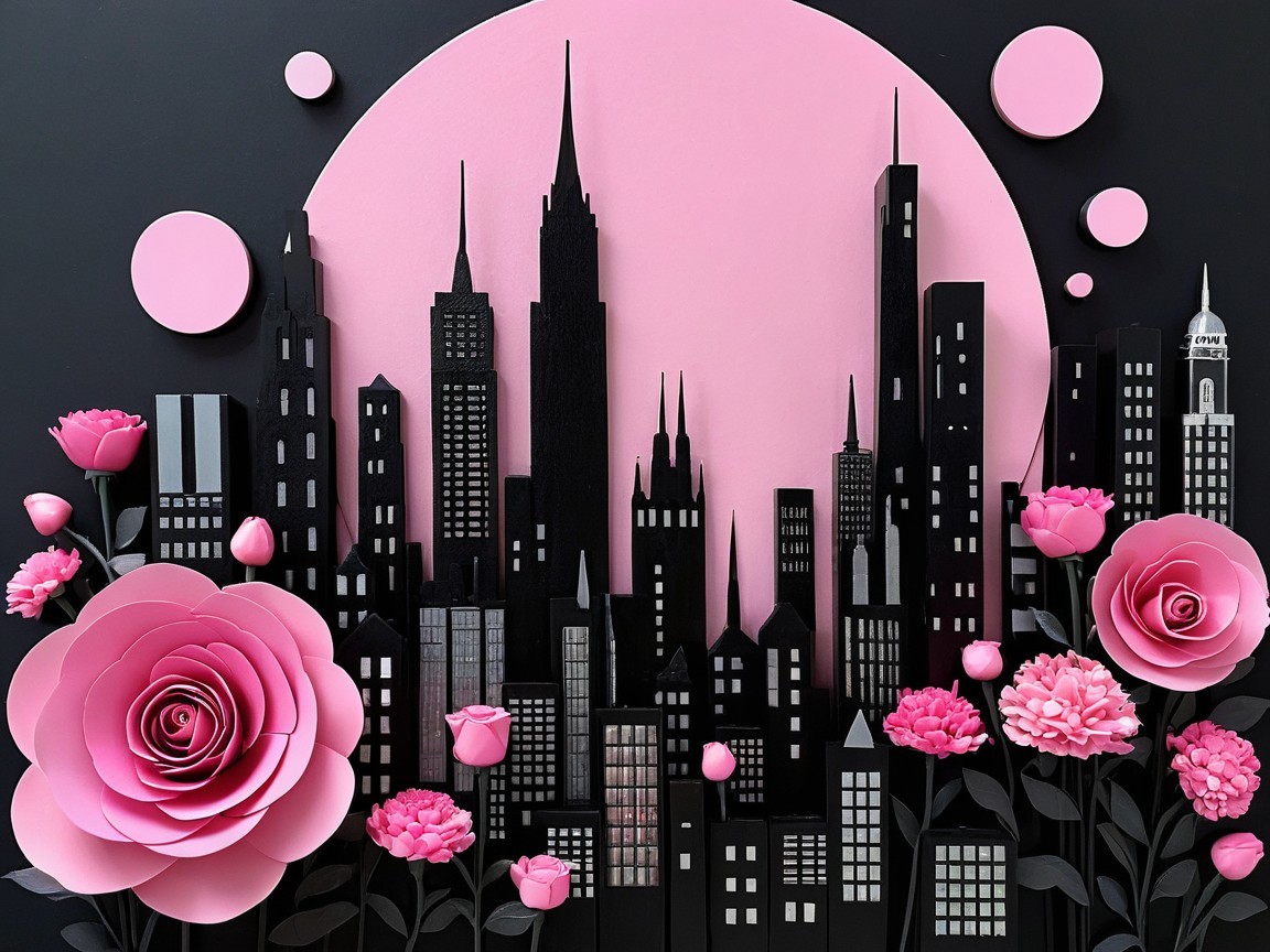 Vibrant Paper Art of City Skyline with Floral Accents