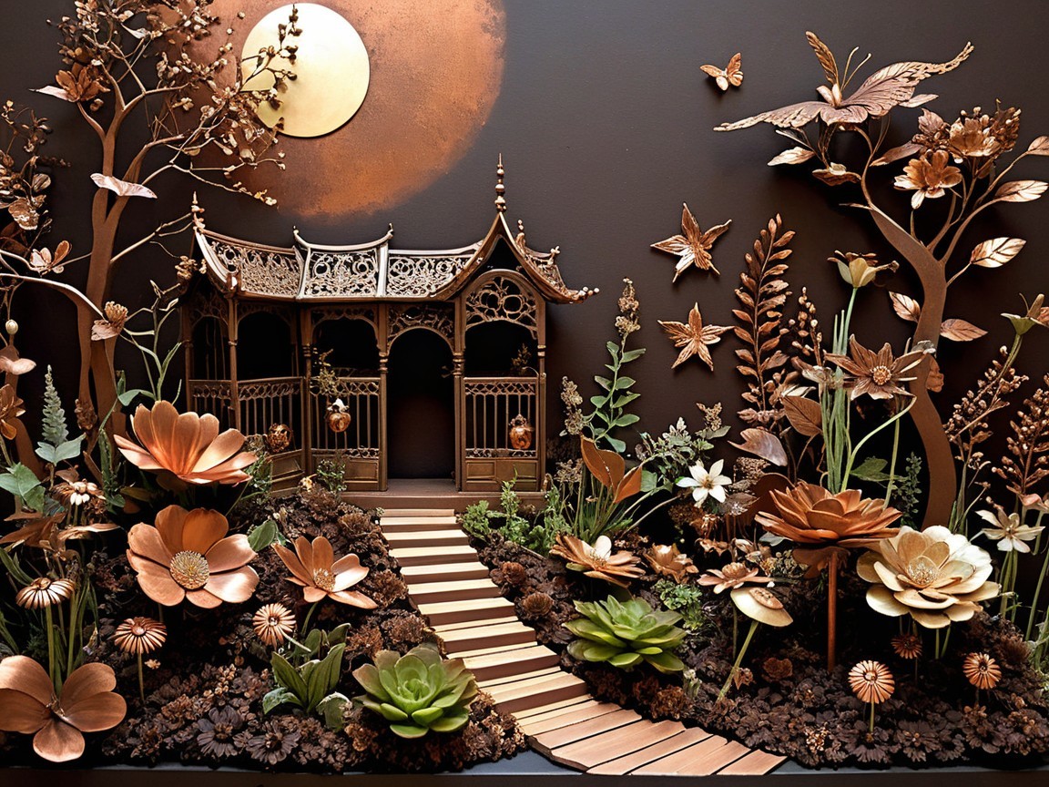 Intricate Garden Scene with Pavilion and Moonlight