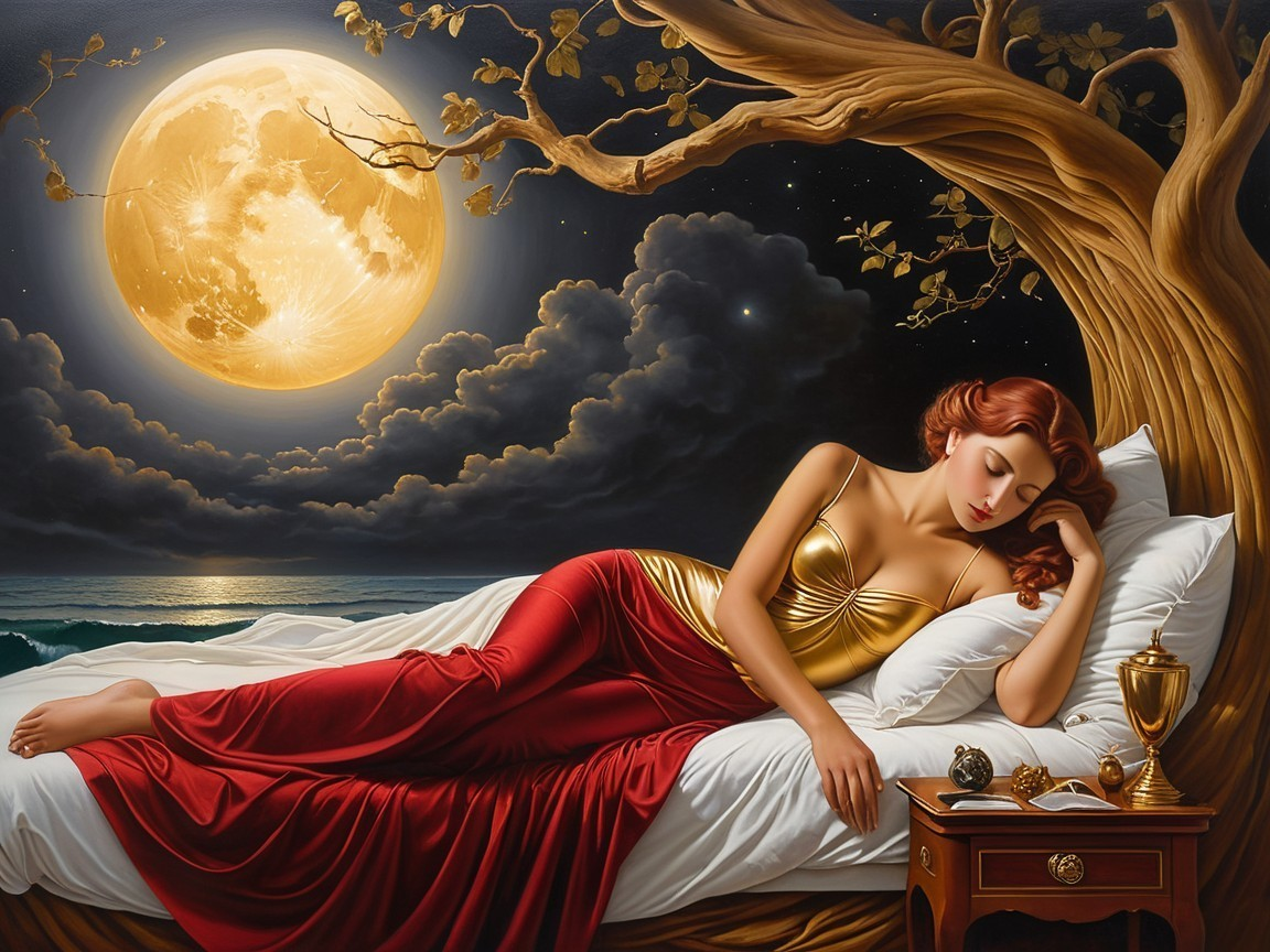Woman in Golden Top Sleeping Under Moonlight