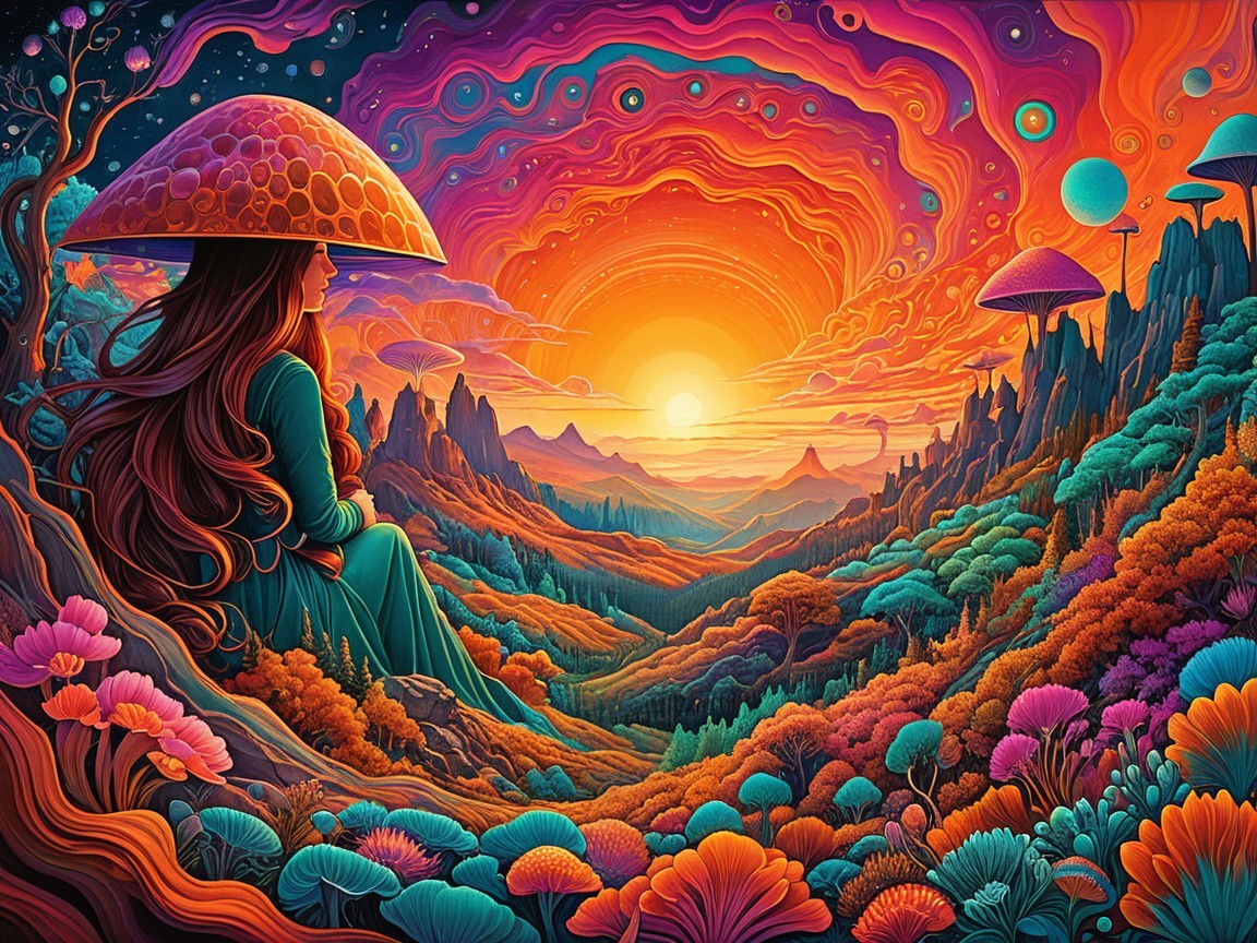 Woman on Vibrant Hillside with Colorful Mushroom Hat