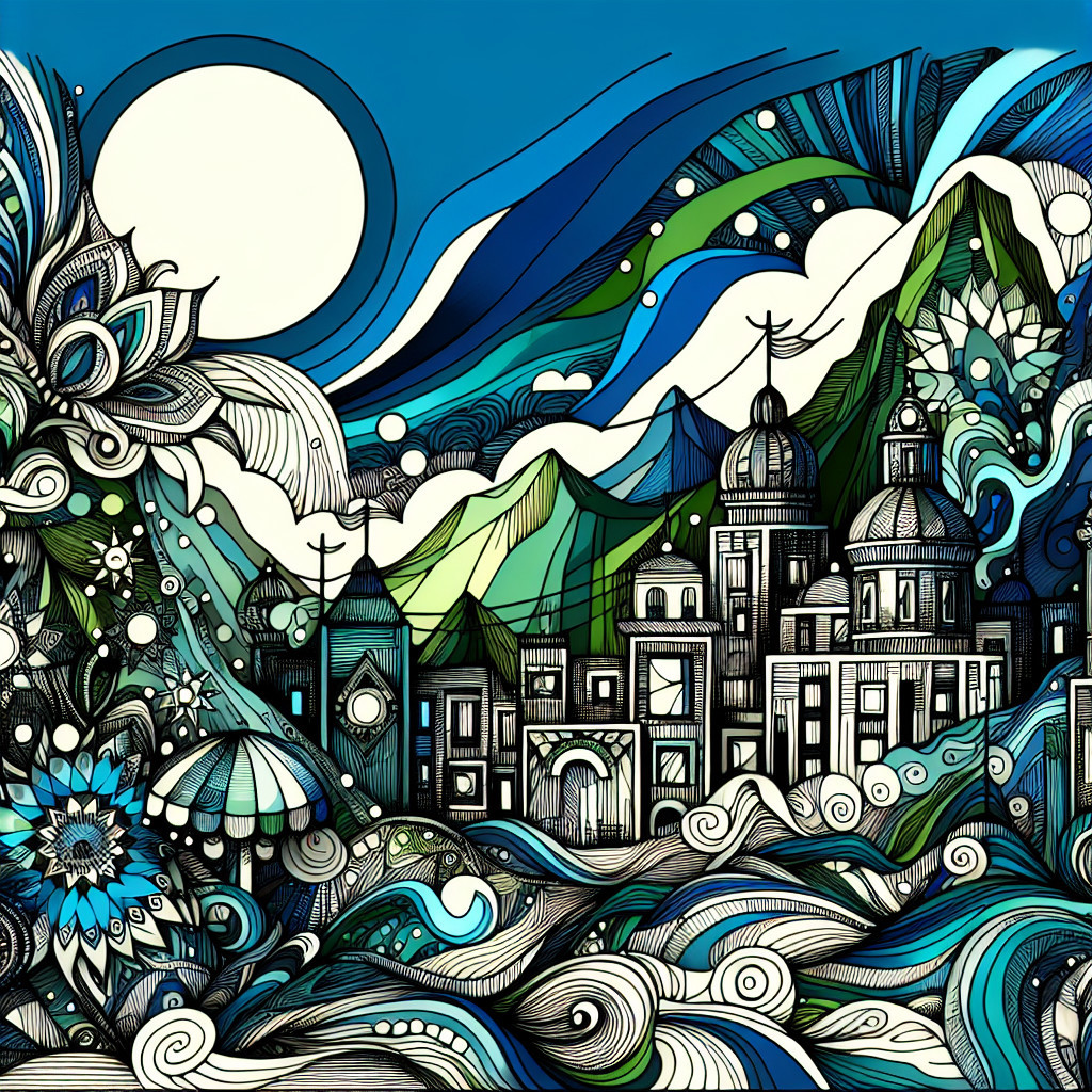 Vibrant Stylized Landscape with Town and Mountains