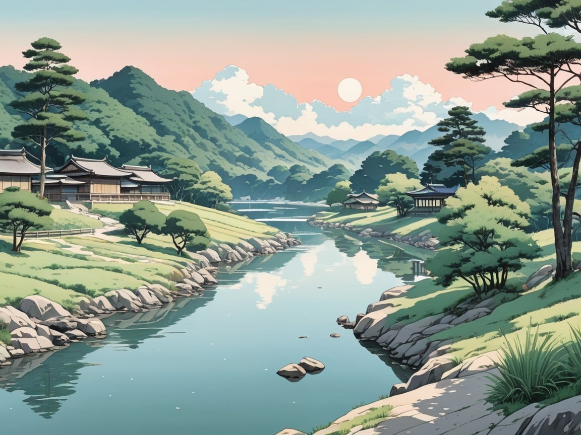 Tranquil River Landscape with Japanese Architecture