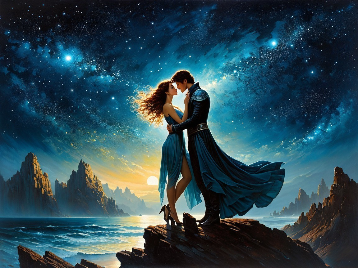 Couple Embracing Under Cosmic Sunset and Galaxies