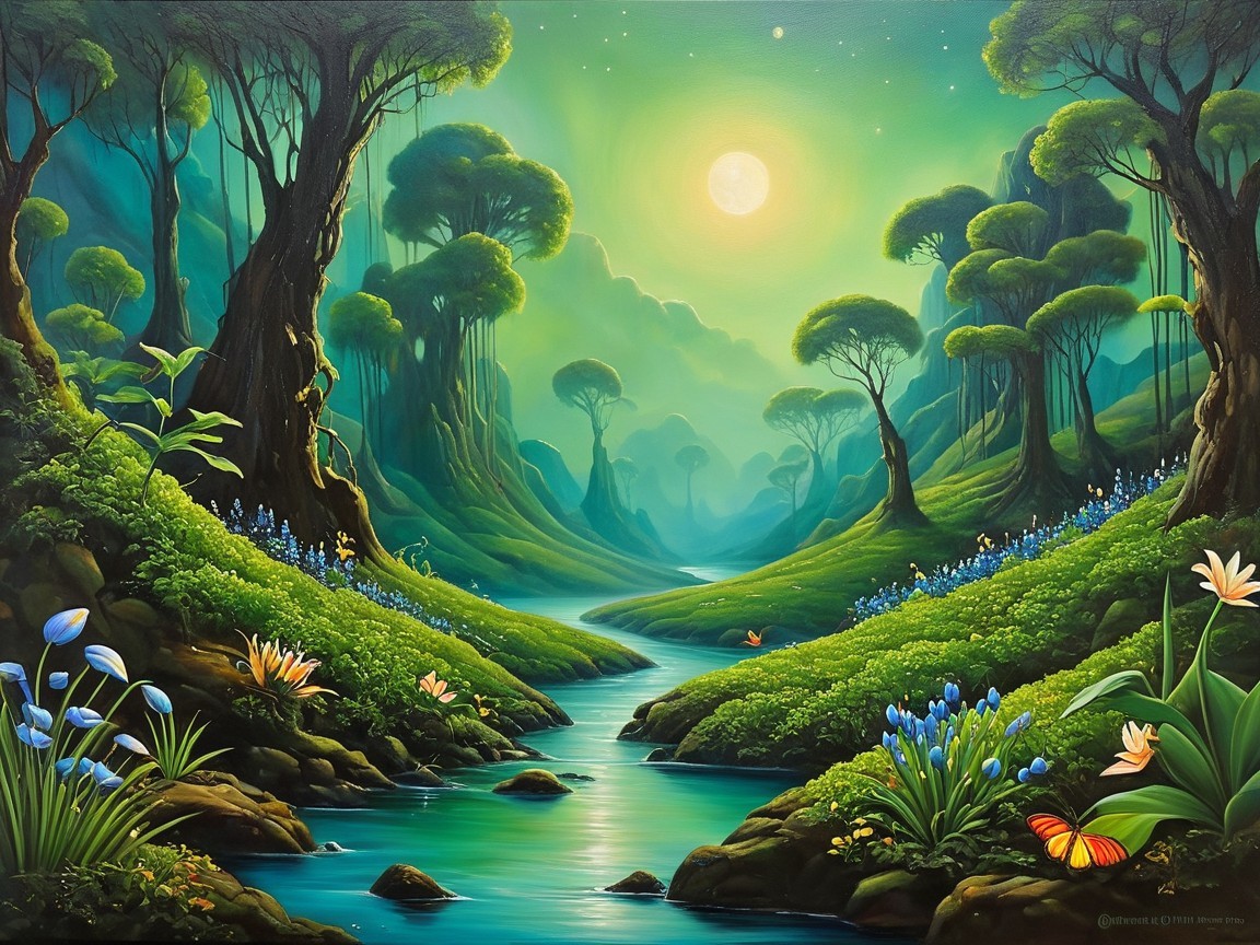 Lush Forest Landscape with Moonlit River and Flowers