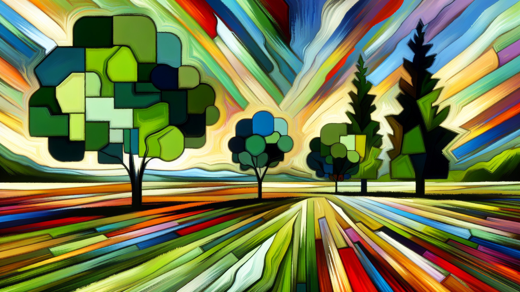 Stained Glass Landscape with Colorful Trees and Field
