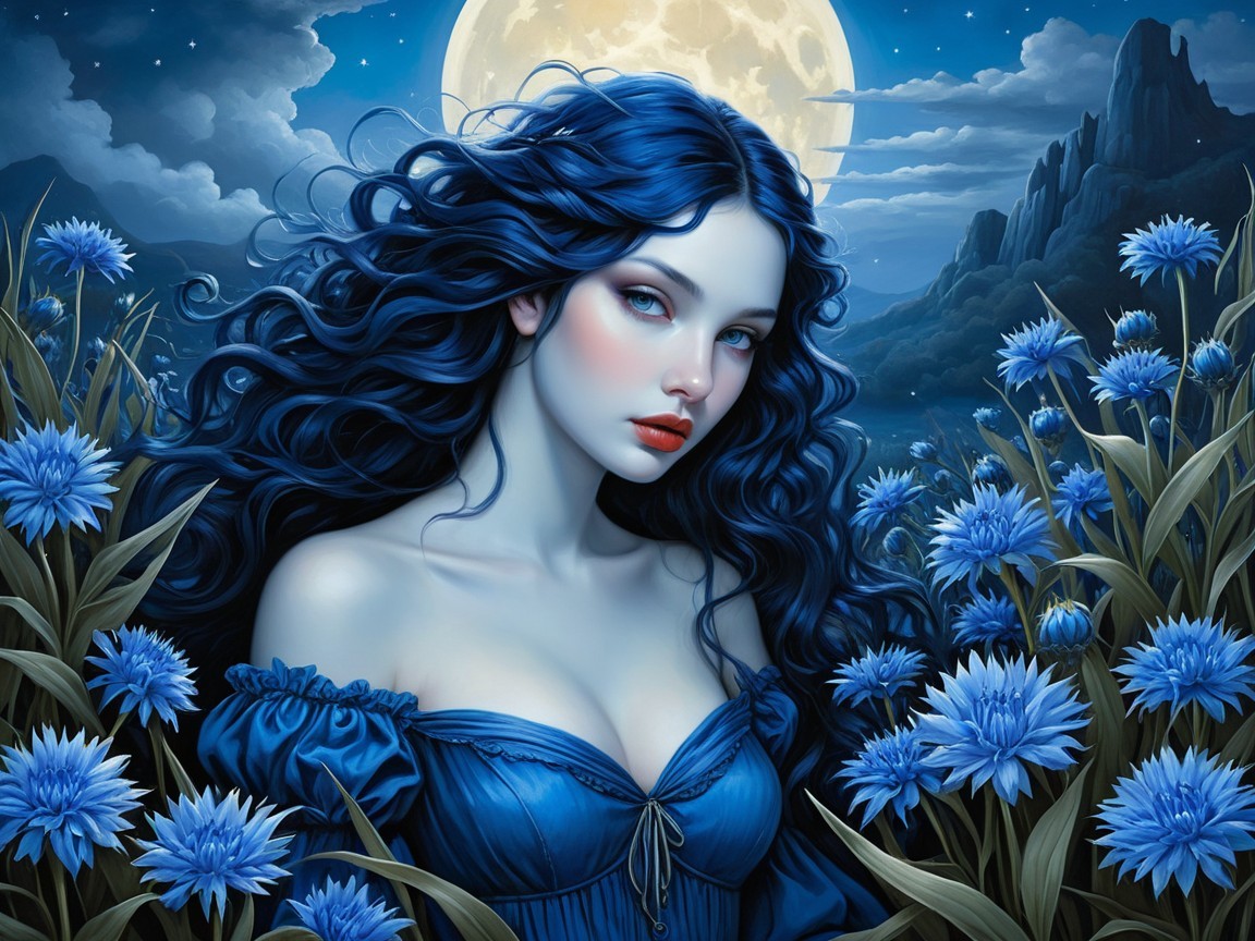 Portrait of a Woman with Blue Hair and Moonlit Sky