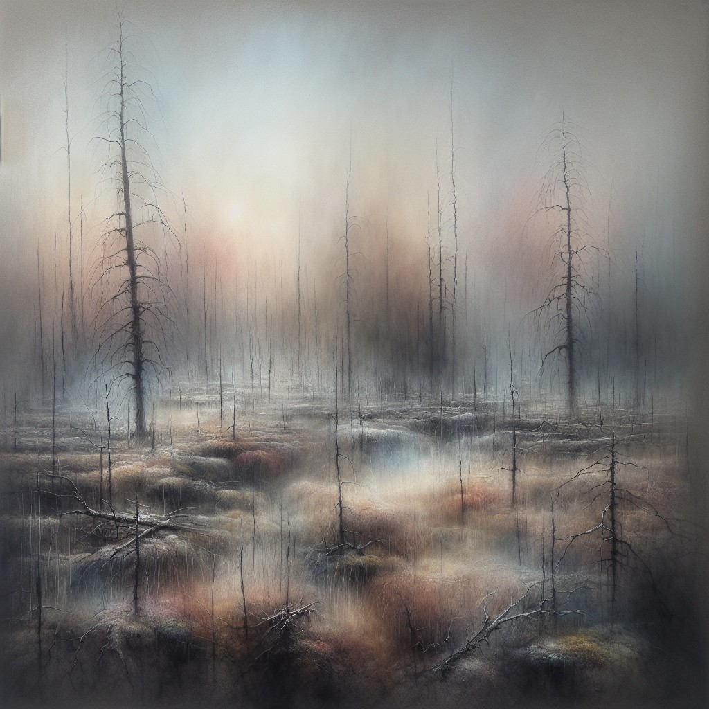 Misty Ethereal Landscape with Bare Trees and Reflections