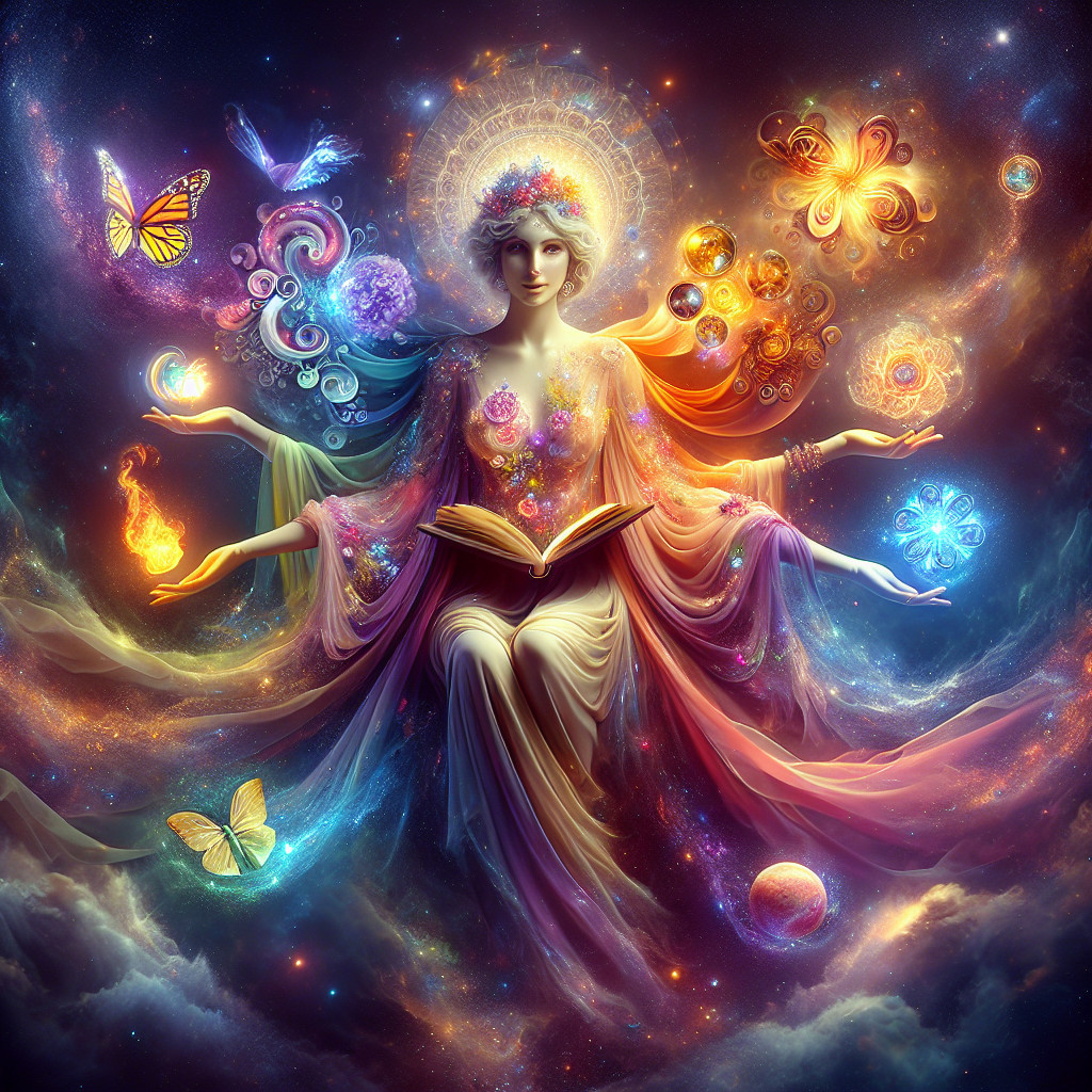 Serene Figure with Cosmic Aura and Vibrant Butterflies