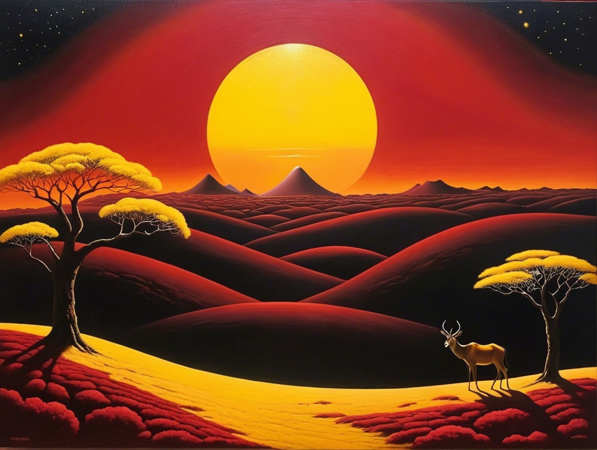 Vivid Sunset Over Surreal Landscape with Deer and Trees