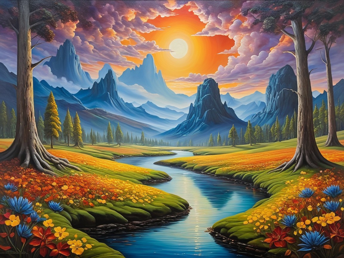 Vibrant Landscape with River, Meadows, and Mountains