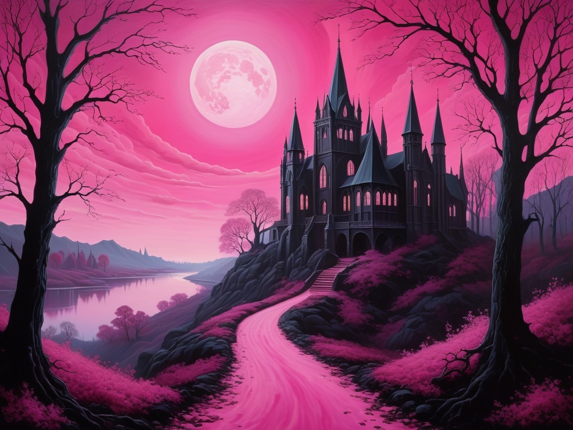 Mystical Castle Surrounded by Vibrant Landscape and Moonlight