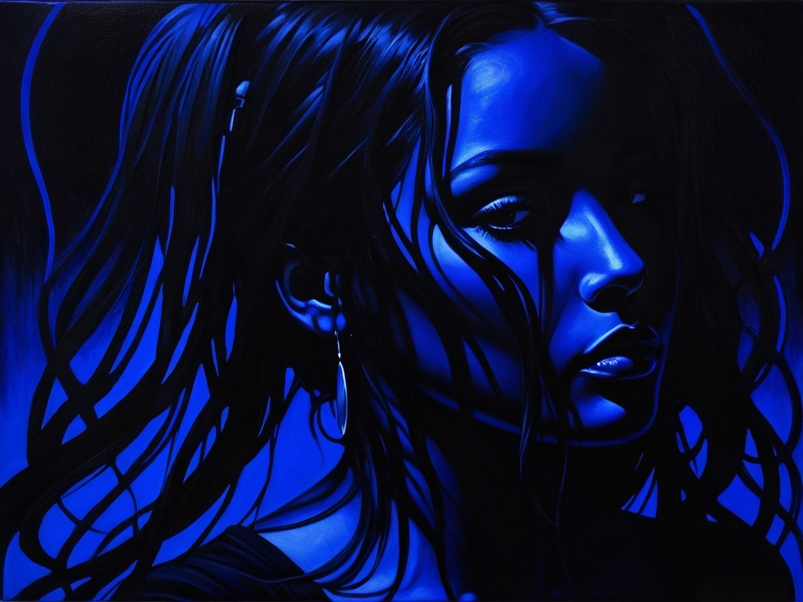 Portrait of a woman in deep blue hues and dramatic lighting