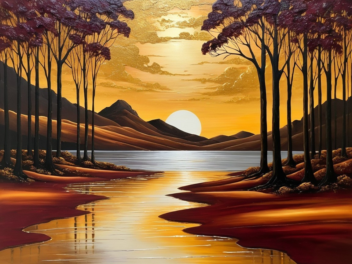 Serene Landscape with Golden Sunset Over Tranquil Lake