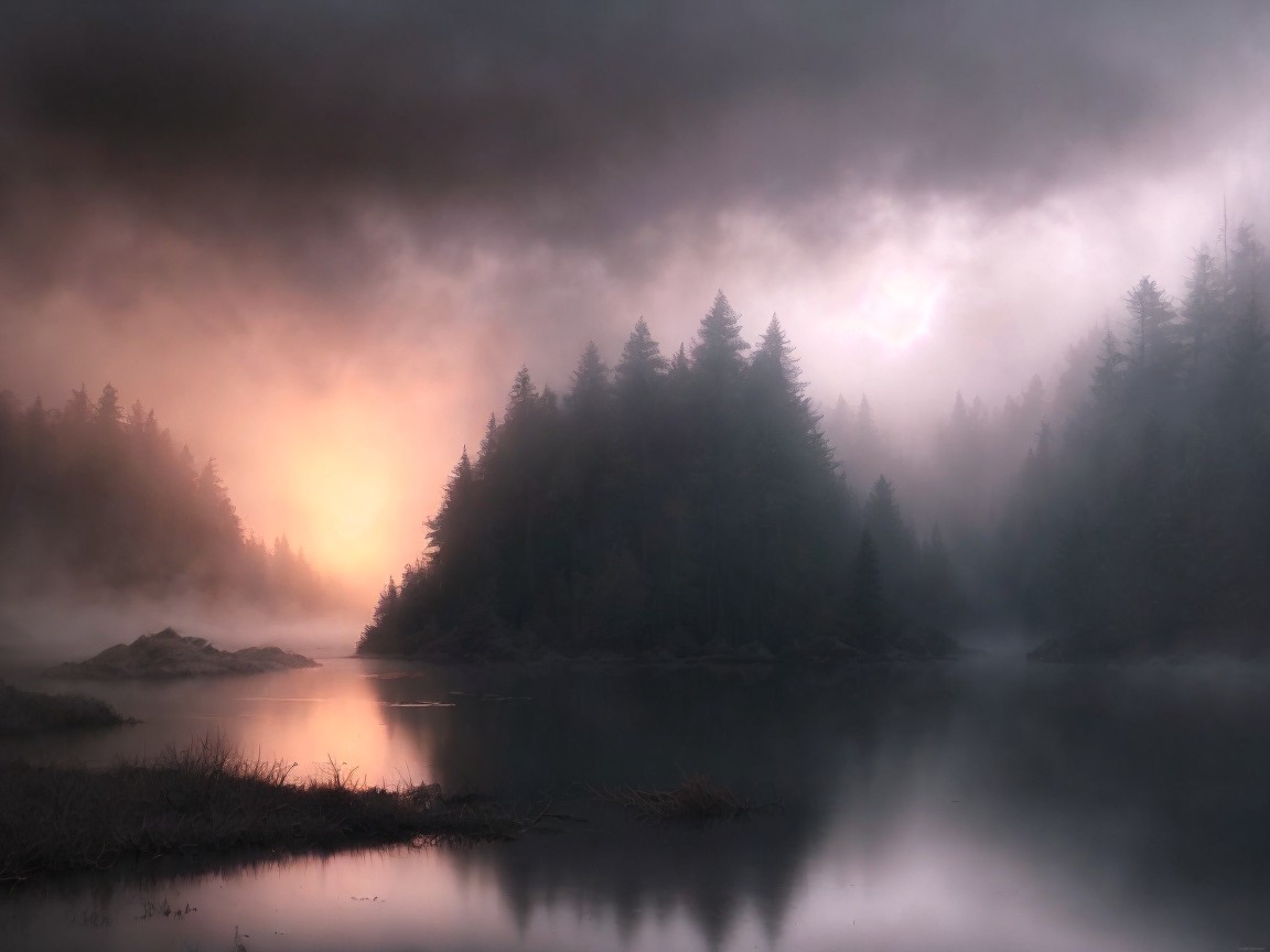 Serene Lake with Pine Trees and Dramatic Sunset Sky