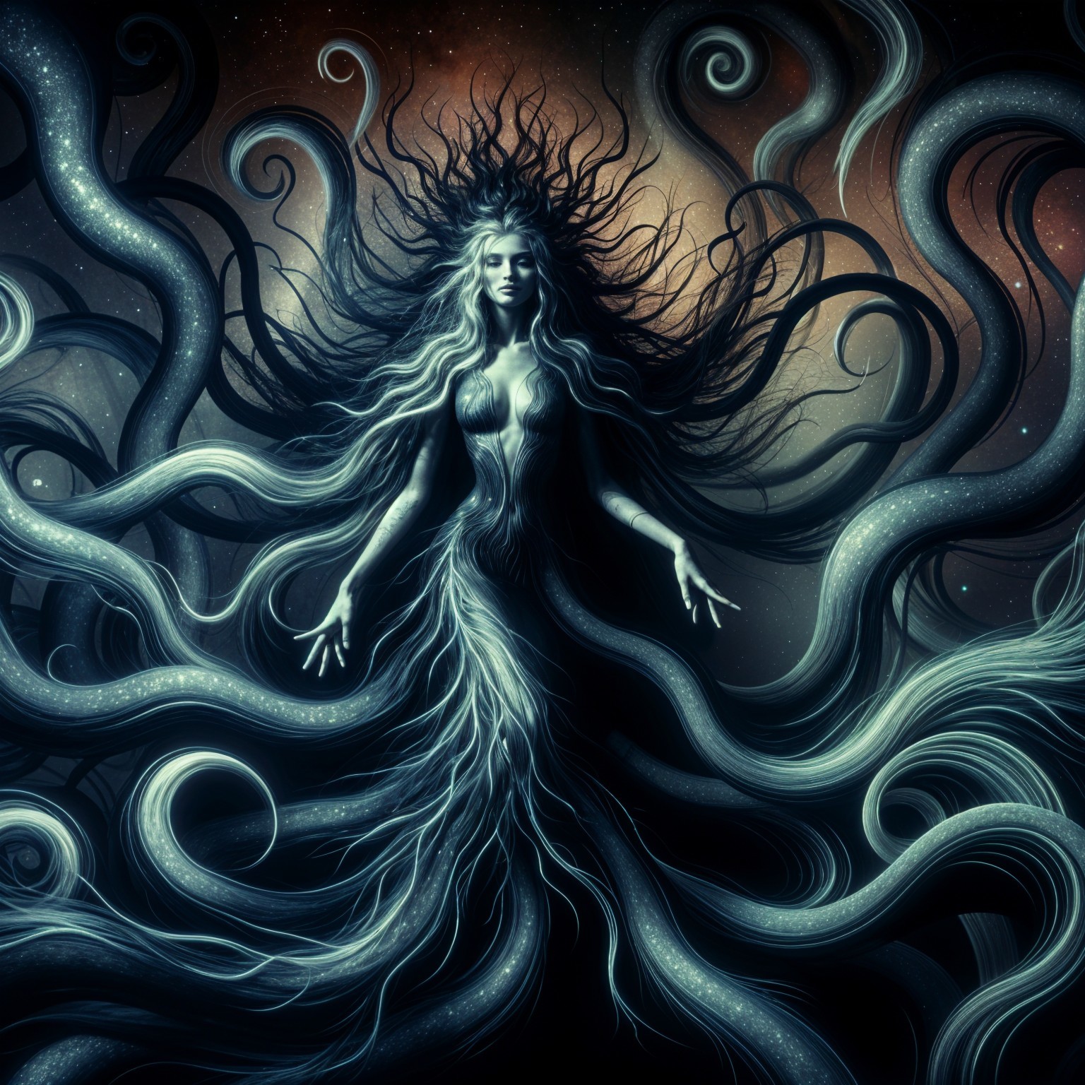 Mystical figure with cosmic backdrop and ethereal forms