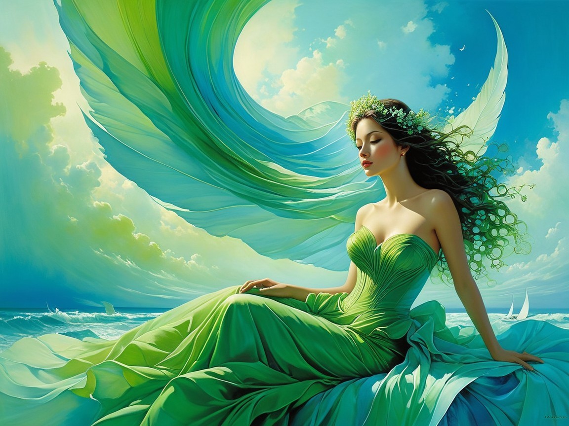Woman in Green Gown by the Ocean in Serene Setting