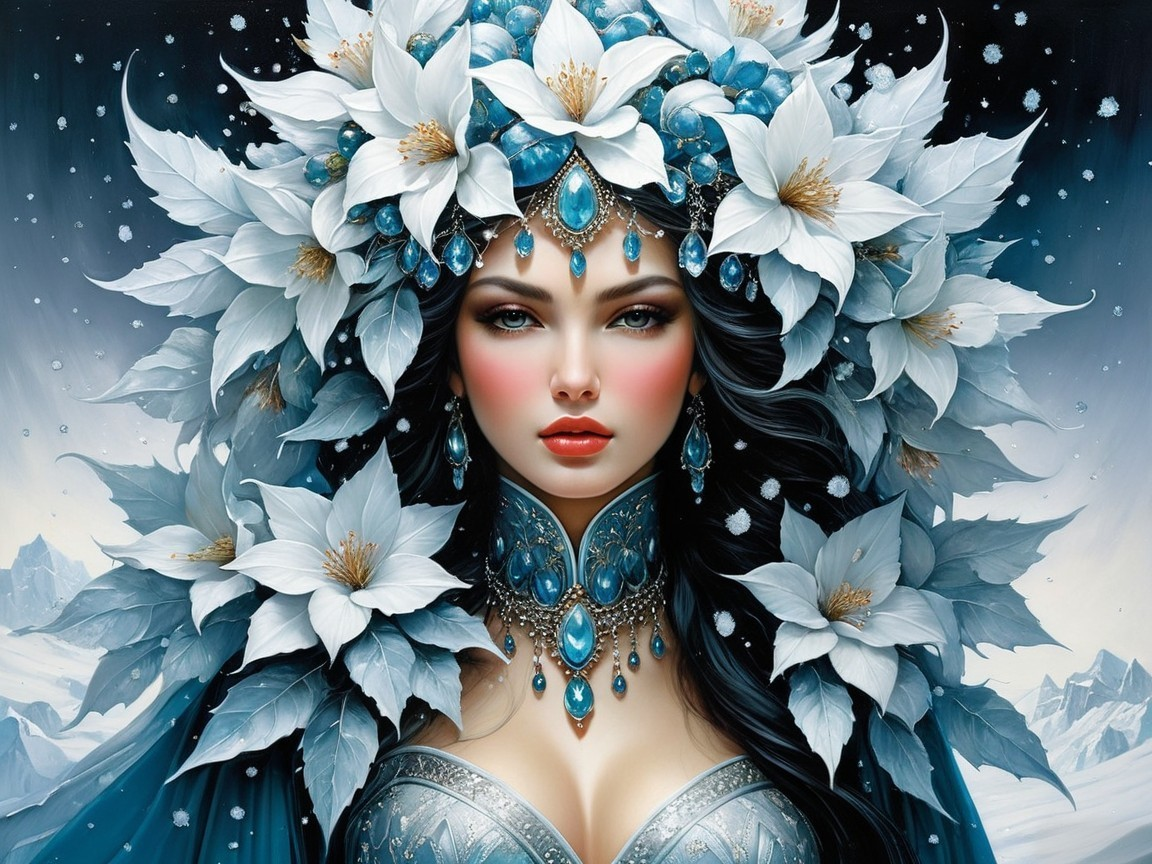 Mystical Woman in Floral Crown in Winter Landscape