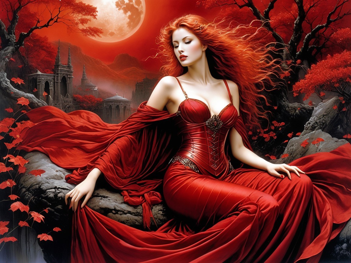 Figure in Red Gown Against Dark Enchanting Backdrop
