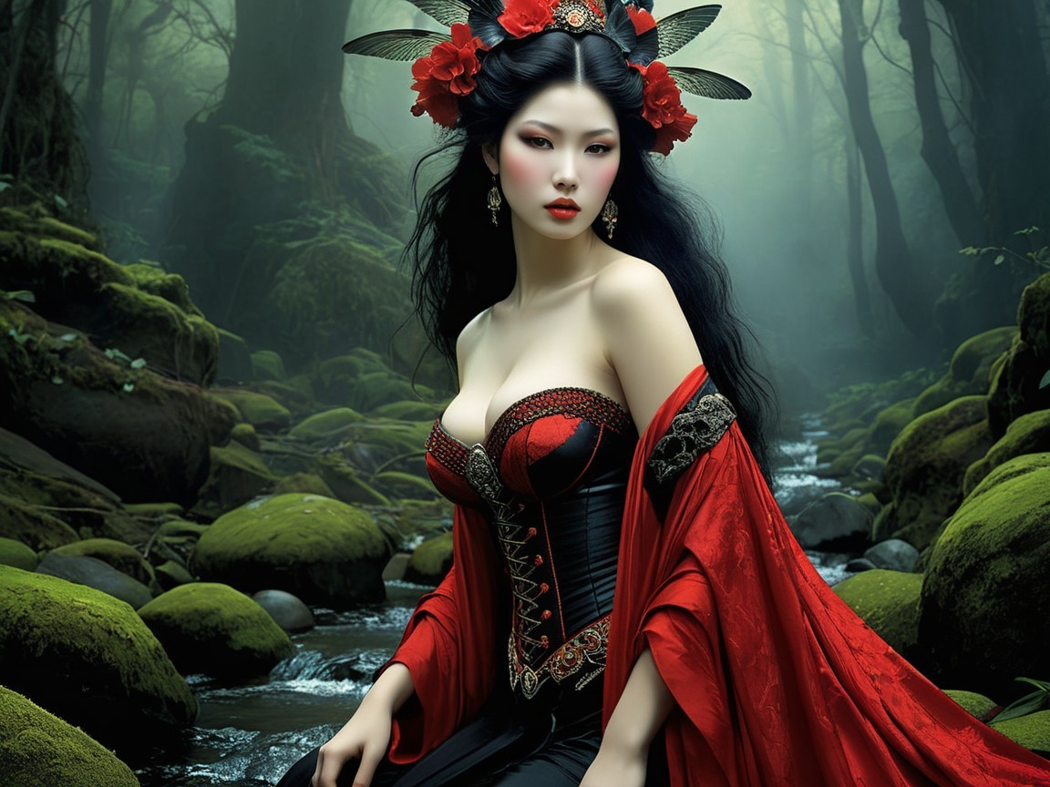 Mystical Figure by Serene Forest Stream in Elegant Gown