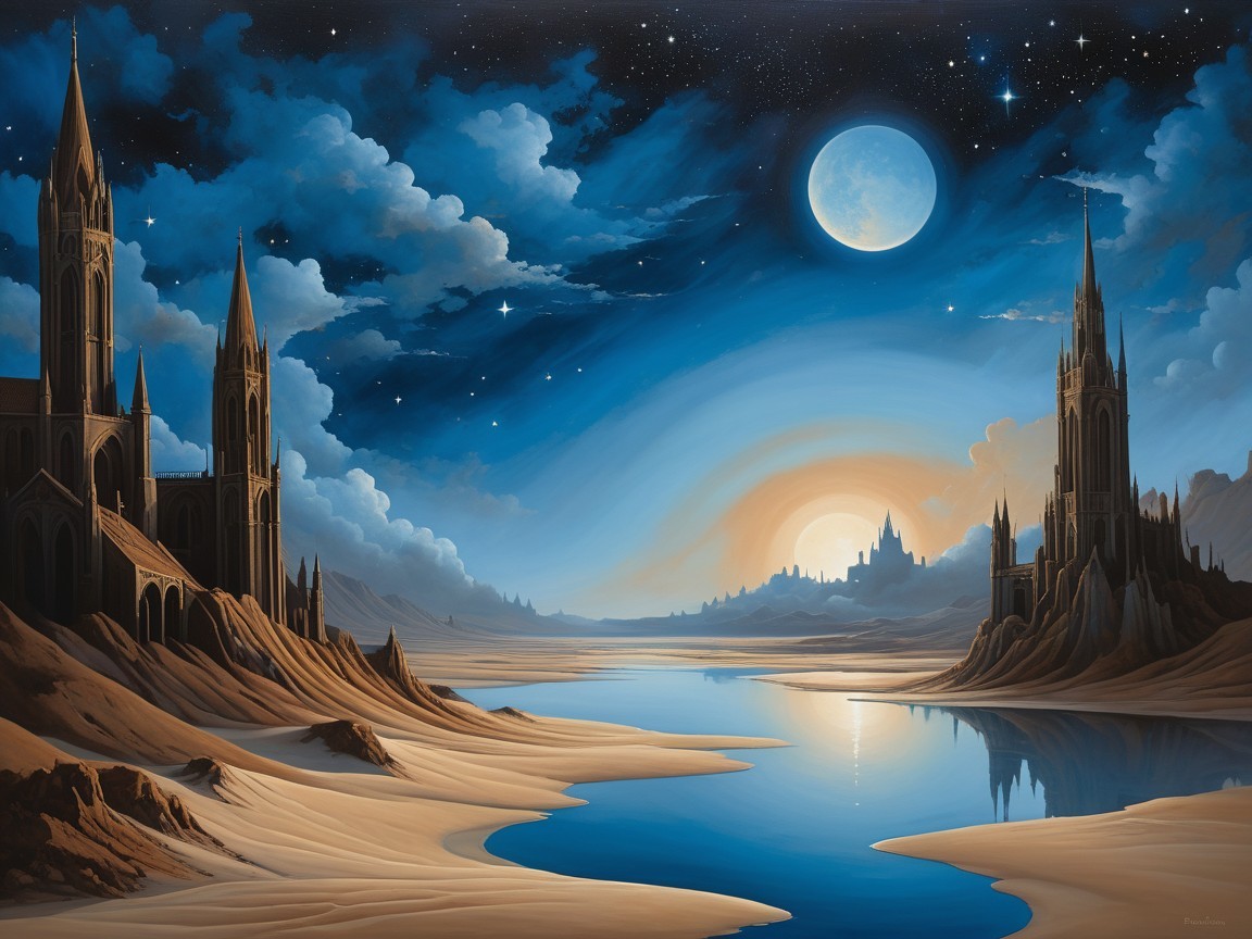 Serene Desert Landscape with Gothic Structures and River