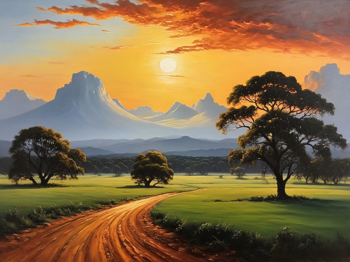 Serene Sunset Landscape with Hills and Mountains