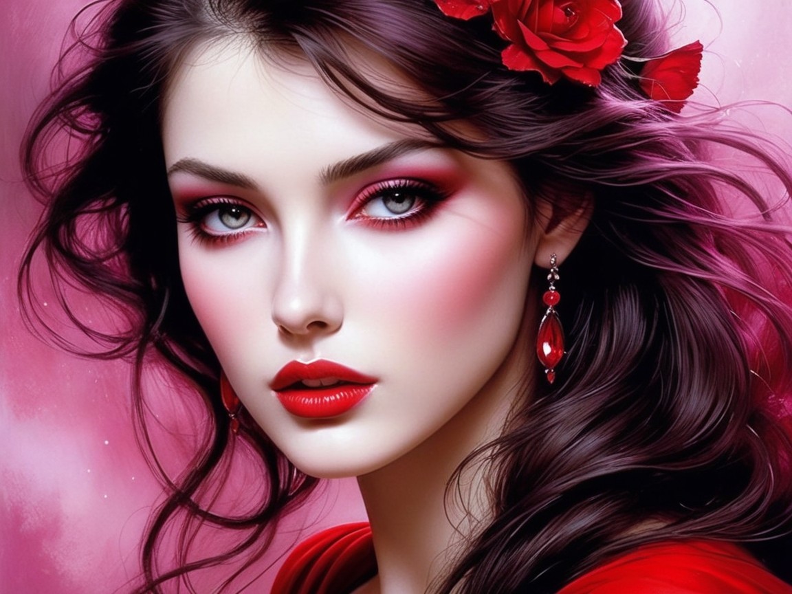 Portrait of a woman with dark hair and red roses