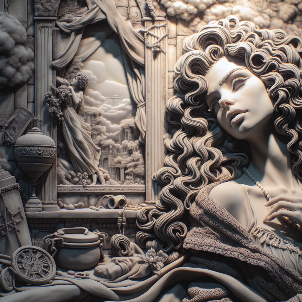 Monochromatic Relief of Elegant Woman with Sculptures