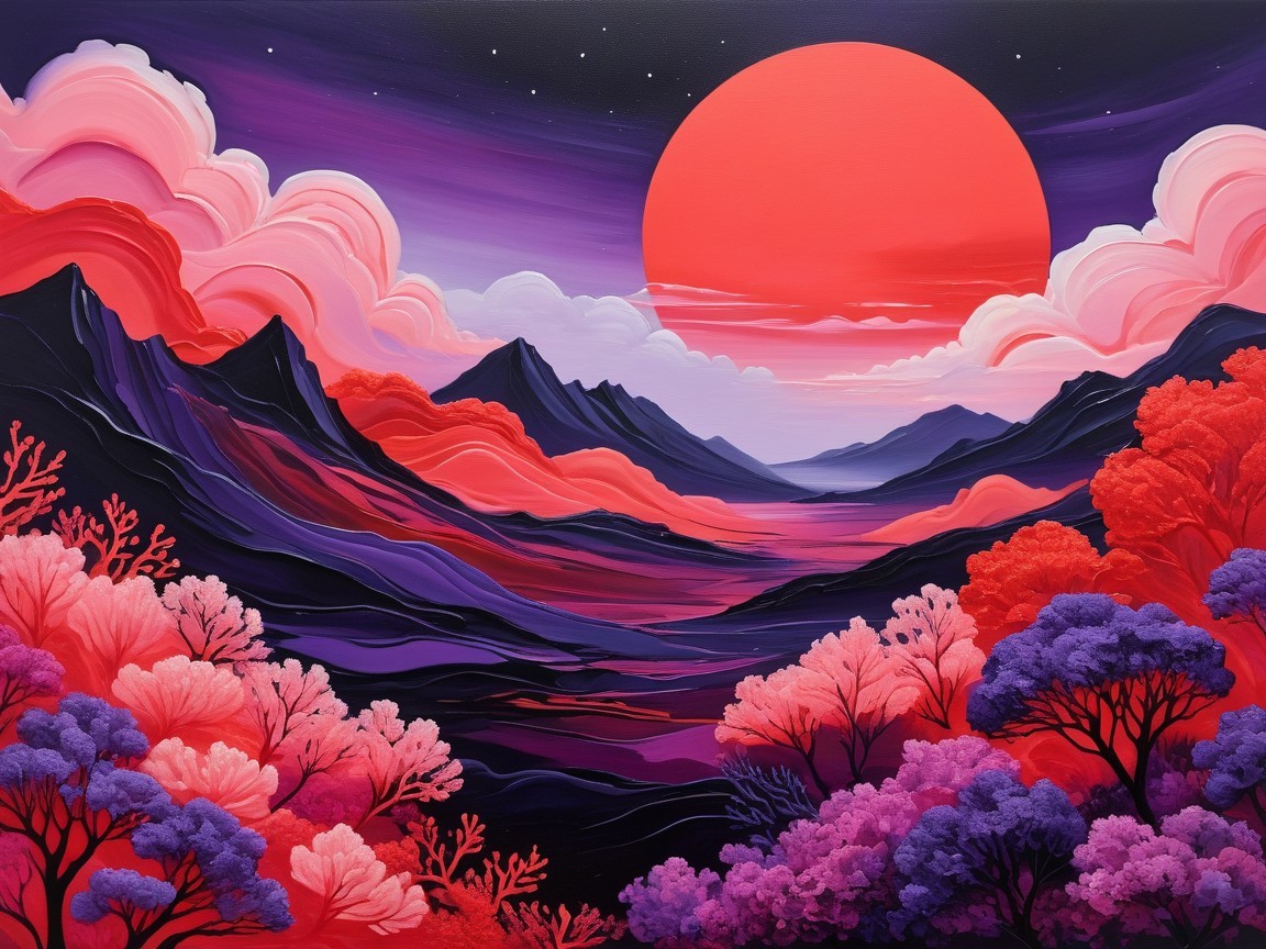 Vivid Landscape Painting with Sunset and Colorful Trees