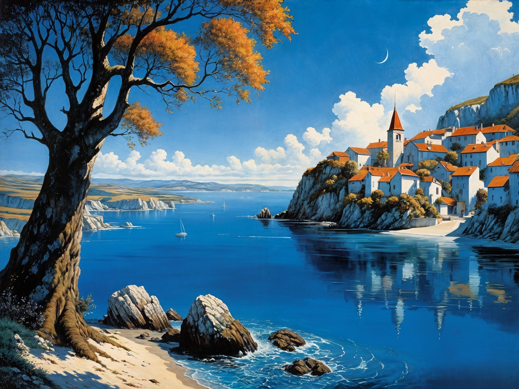Tranquil Coastal Village with Cliffs and Sailboats