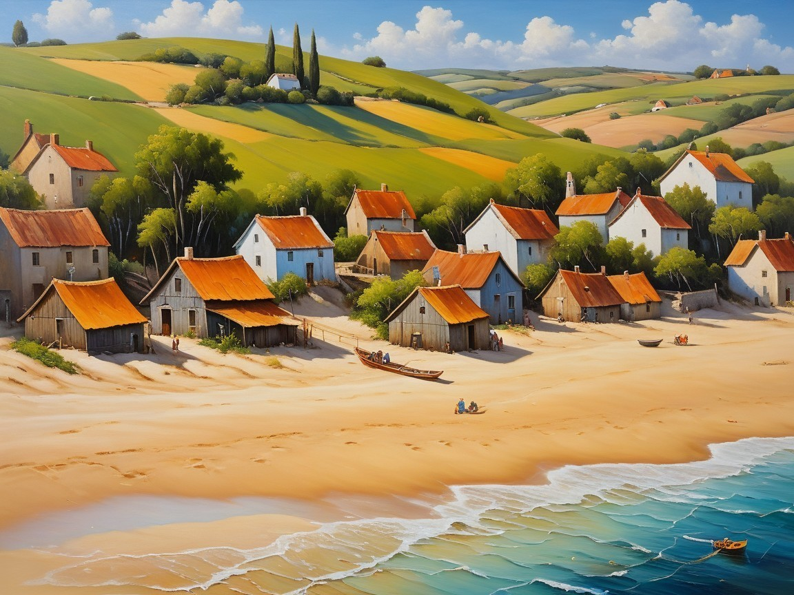 Coastal Scene with Orange Rooftop Houses and Hills