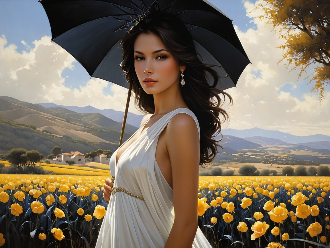 Woman with Umbrella in Vibrant Flower Field