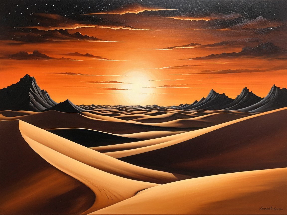 Desert Landscape with Dunes and Mountains at Sunset