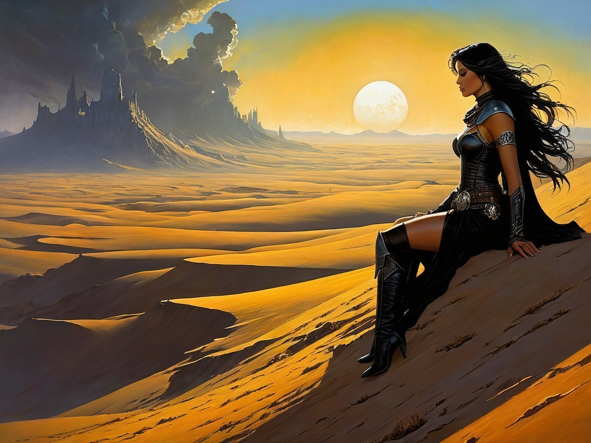 Warrior Woman in Desert Landscape with Distant Mountains