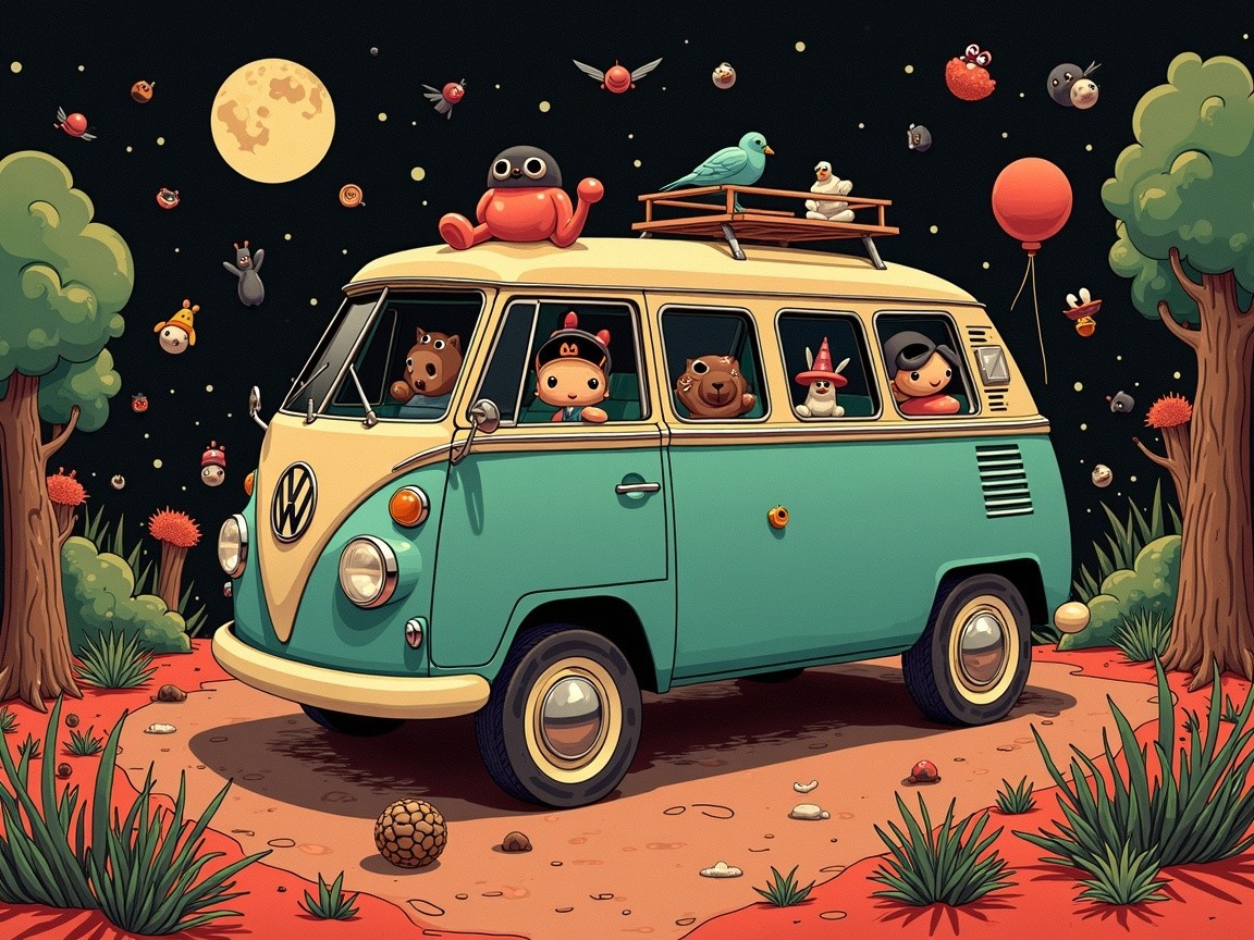 Vintage Volkswagen Van in a Starry Landscape Scene