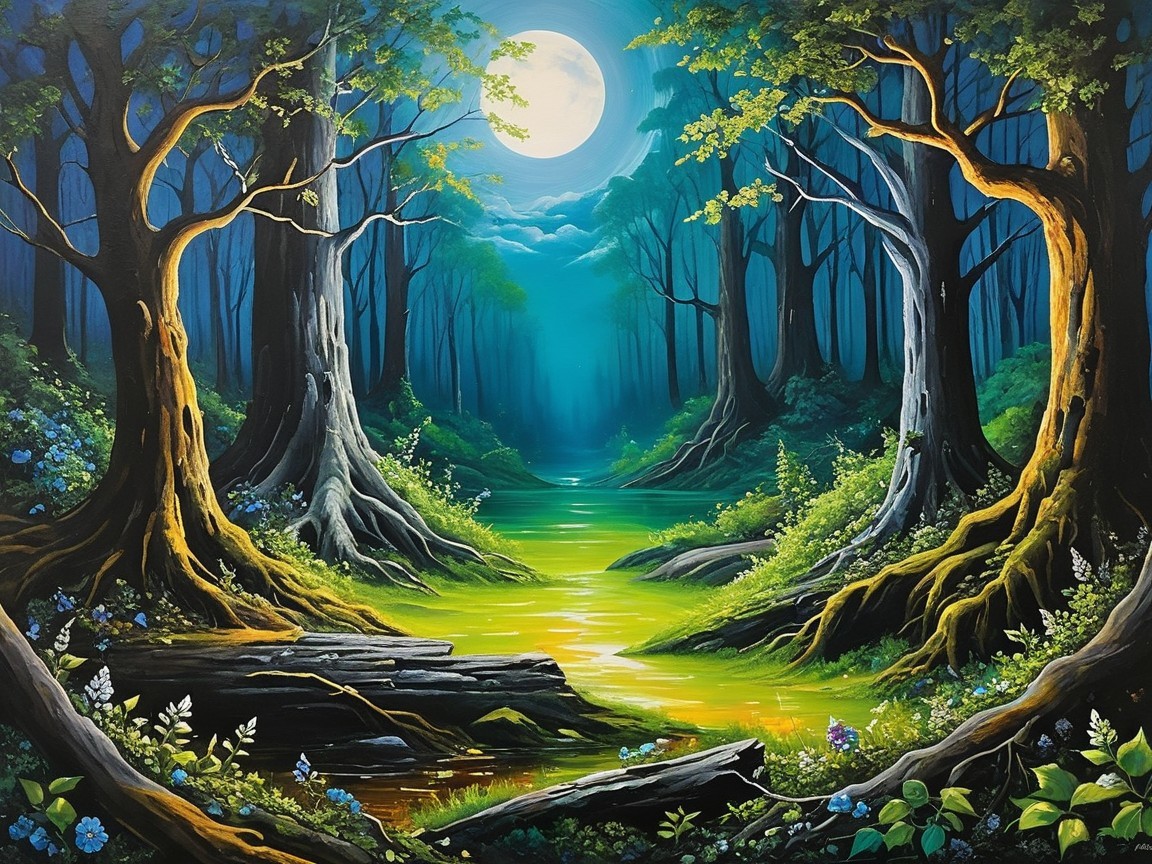 Moonlit forest scene with glowing trees and river