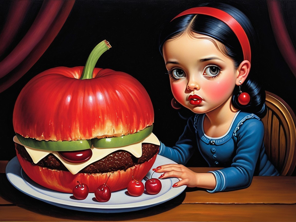 Young girl with oversized pumpkin hamburger at table