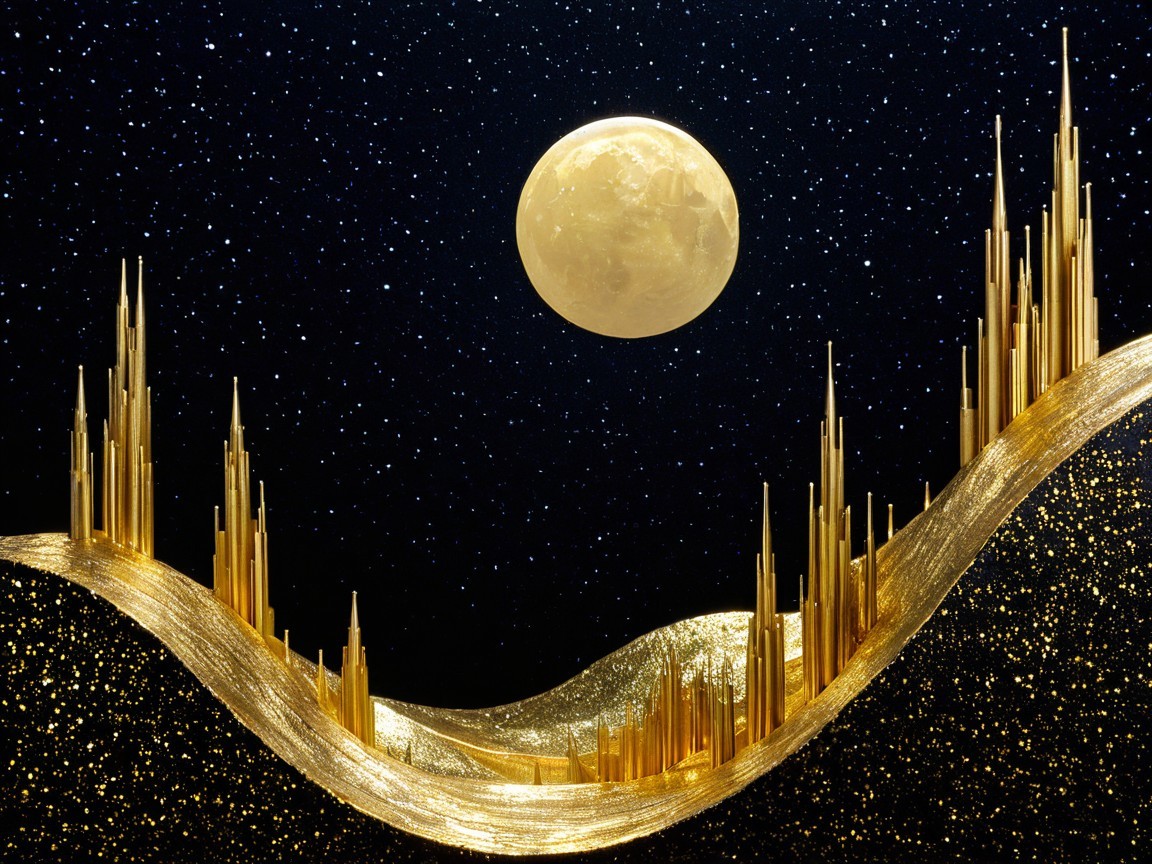 Surreal Landscape of Gold Peaks and Starry Sky