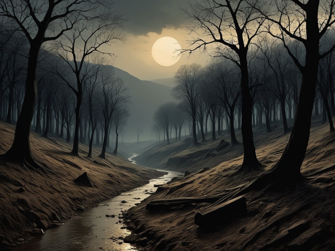 Dimly Lit Forest Landscape with Full Moon and Mist