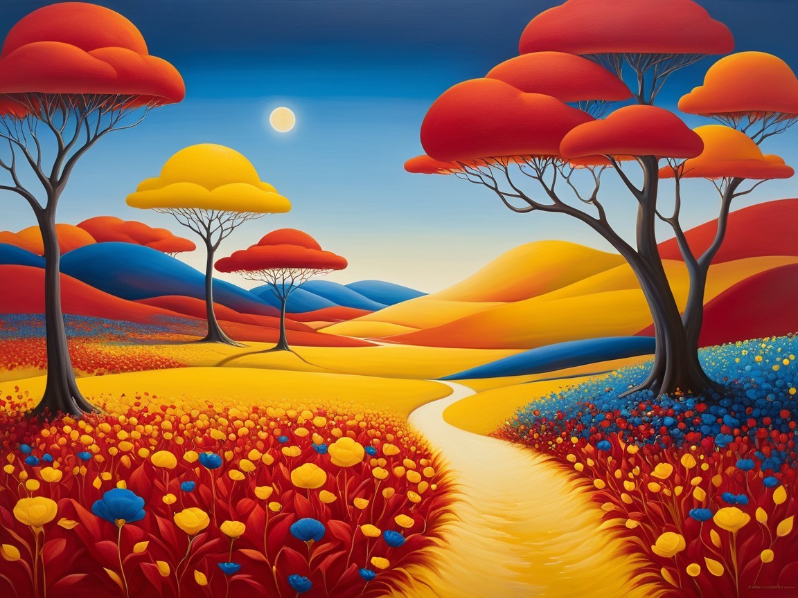Vibrant Landscape with Rolling Hills and Colorful Flowers